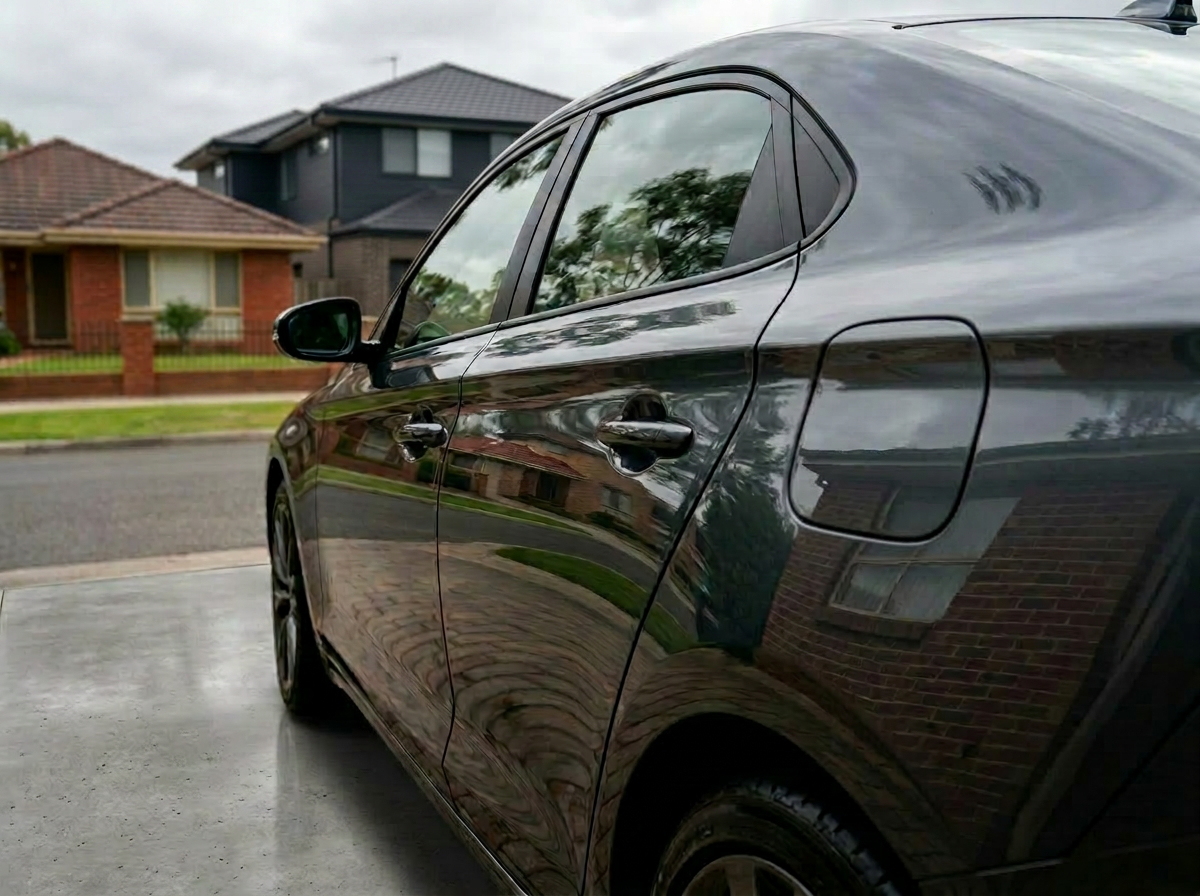 Glossy ceramic-coated sedan on a Melbourne suburban street