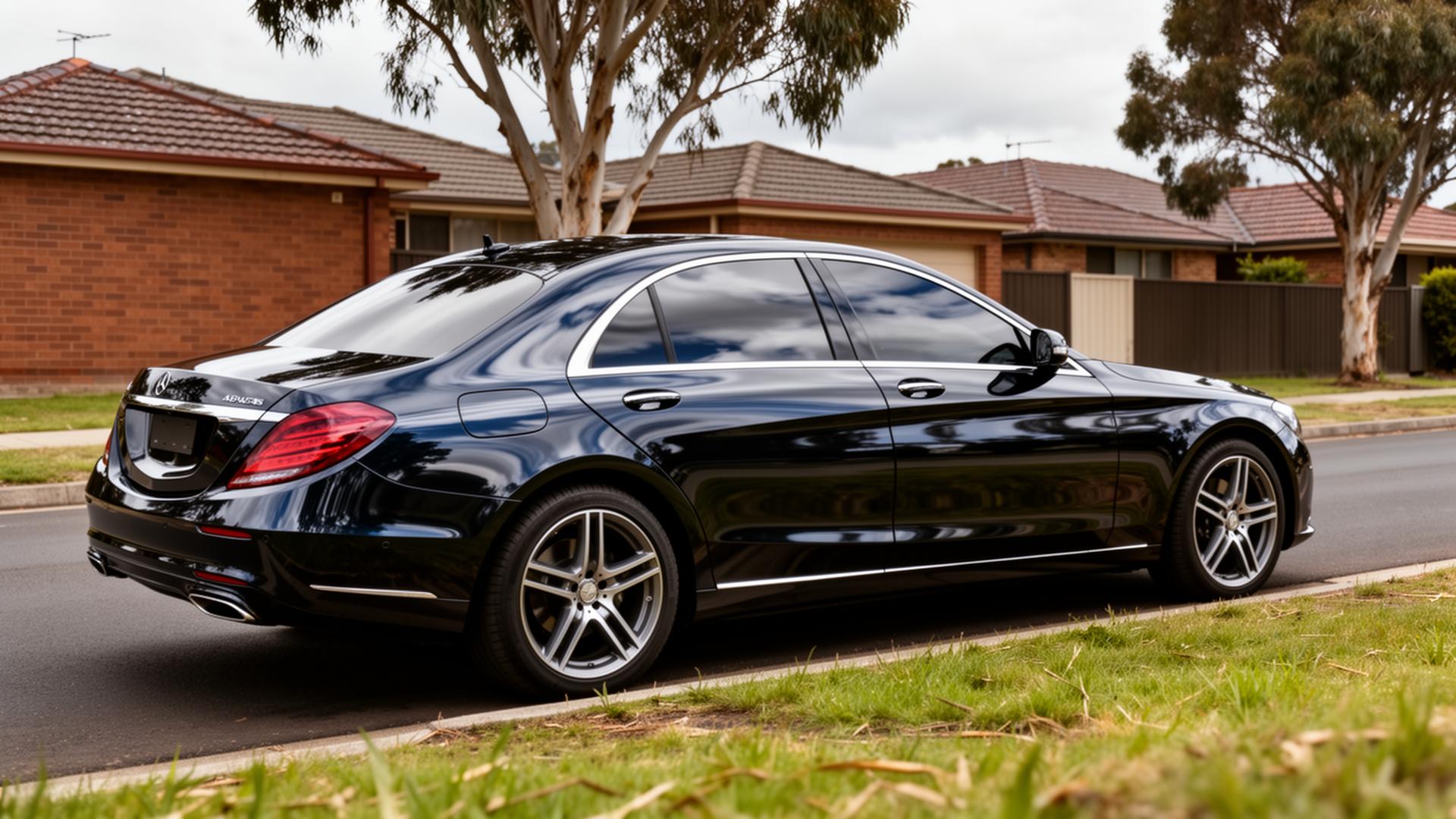 Ceramic-coated black Mercedes-Benz sedan in a Melbourne suburban street